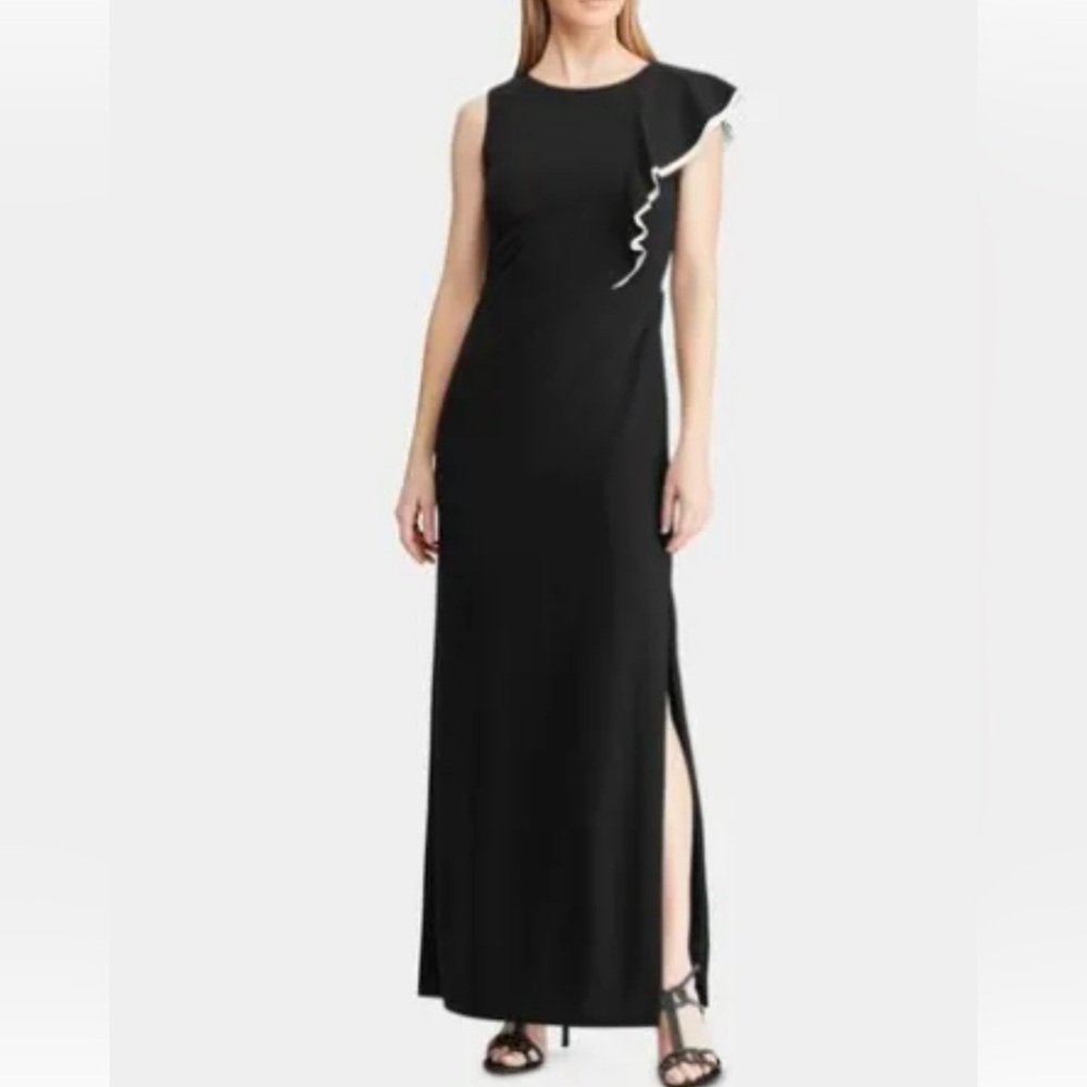 Lauren Ralph Lauren Kissa Black Ruffled Formal Evening Dress Size 12 NWT
